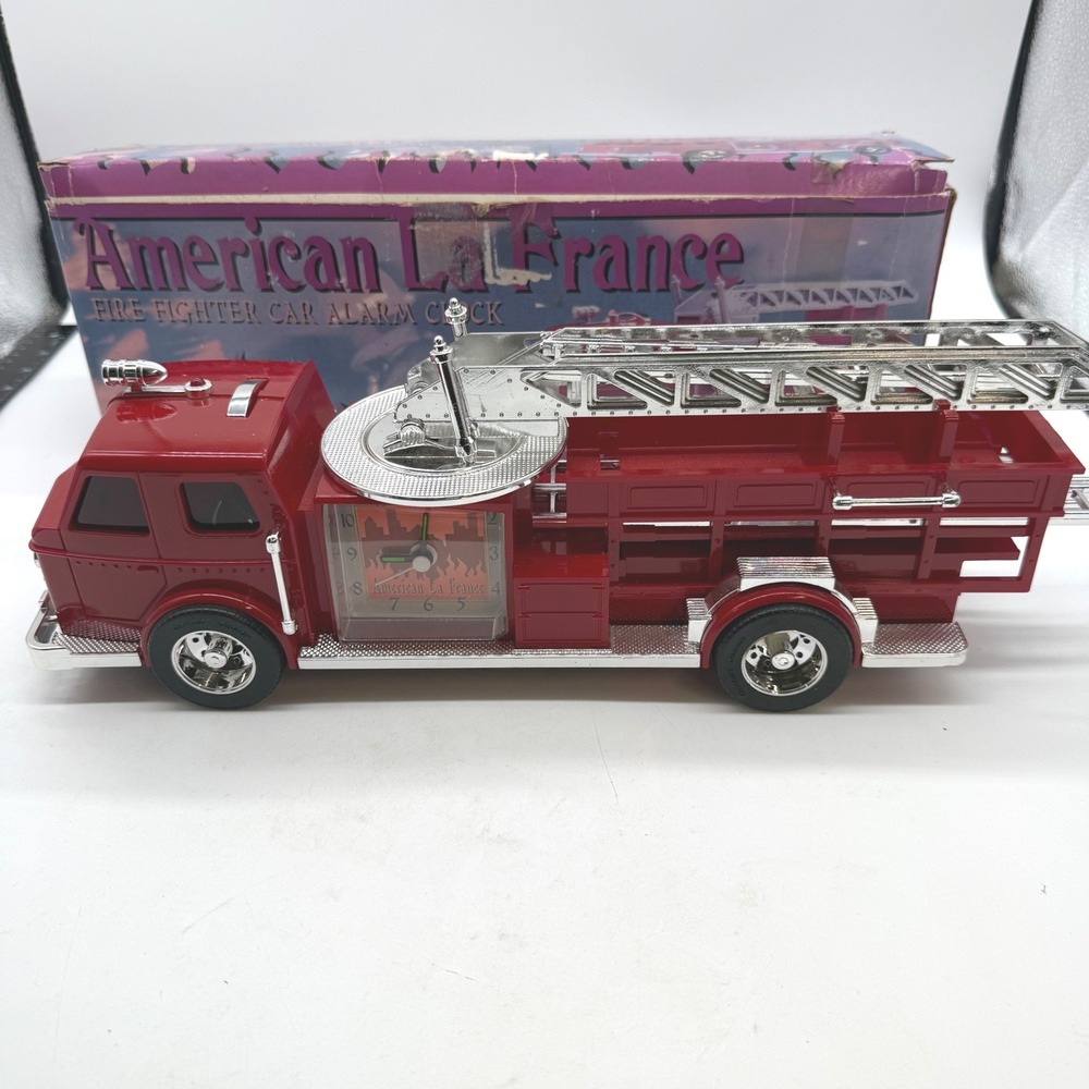 Vintage American La France Fire Truck Alarm Clock Red Fire Engine in Box WORKS